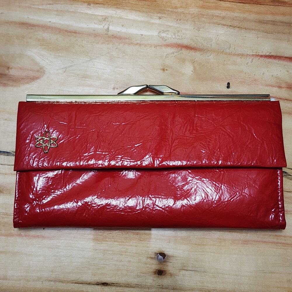 Lady Buxton Vintage Red Patent Cowhide Trifold Wallet Kiss Lock Atomic Atom Sexy